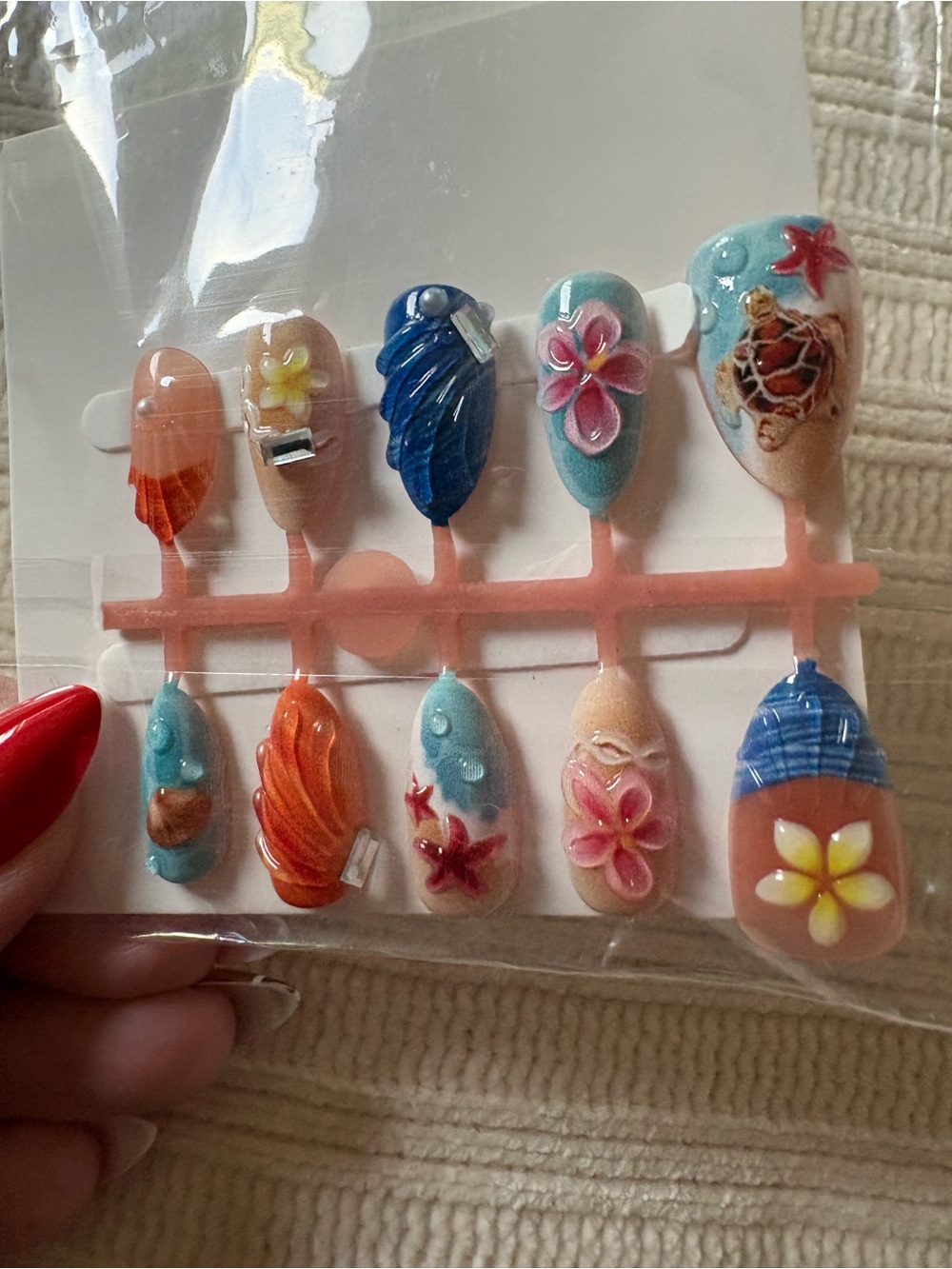 3D Beach-Themed Press-On Nails Turtle Turquoise, Orange & Pink Size Medium